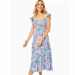 Lilly Pulitzer Dress Womens Small Jilly Floral Smocked Midi Dress Ruffle Sleeves